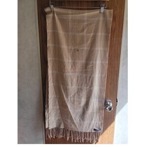 Cashmere Feel Scarf Neutral Tan  Plaid Fringe Soft Cozy Winter Lands End 16 X 60